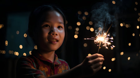 Asian Chinese little girl holding a sparkler in the dark, Christmas conceptの素材