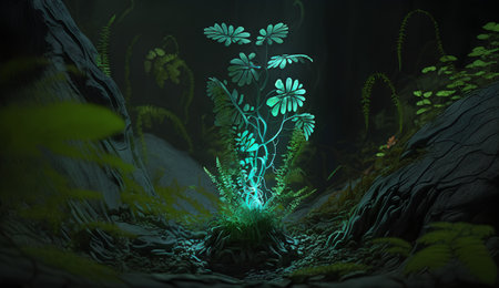 Fantasy green forest. 3D illustration. Fantasy dark forest.の素材