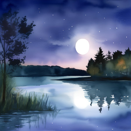 Illustration of a beautiful night landscape with a lake and a forestの素材