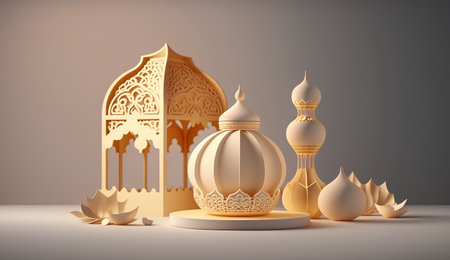 3d render of islamic lanterns, mosque and lotus flowersの素材