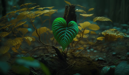Heart shaped leaf in the dark forest. 3d render illustration.の素材