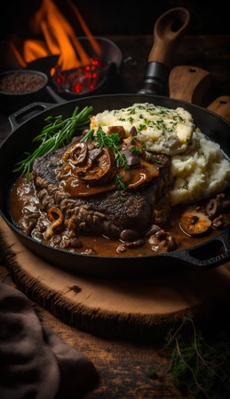 Roast beef with mushrooms and mashed potatoes in a frying pan.の素材