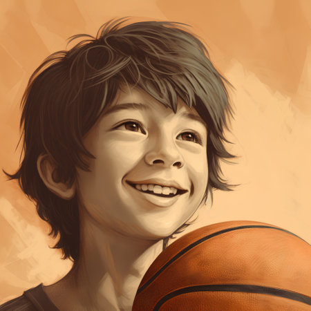 Digital painting of a boy with a basketball in his hand, looking at the cameraの素材