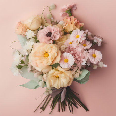 Bouquet of flowers on pink background. Flat lay, top viewの素材