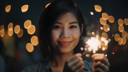 Beautiful asian woman holding sparklers on bokeh backgroundの素材