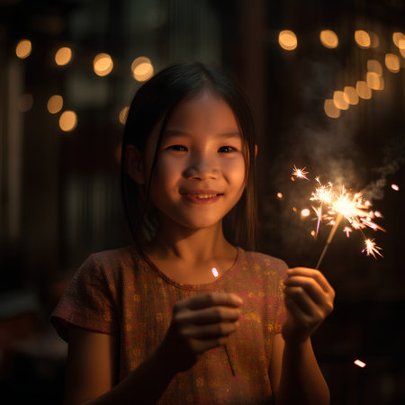 Portrait of happy asian little girl holding sparklers at nightの素材