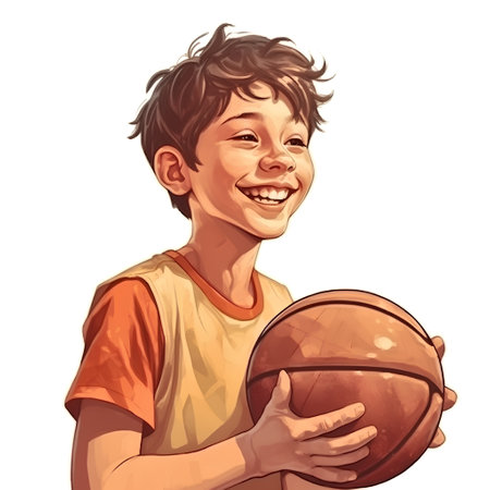 Illustration of a smiling boy holding a basketball ball on white backgroundの素材