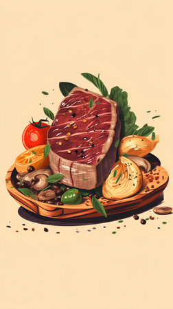 Beef steak with vegetables and greens. Vintage style. Vector illustrationの素材