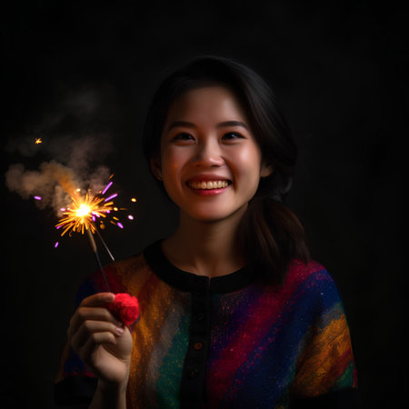 Portrait of young beautiful Asian woman holding sparklers on black backgroundの素材