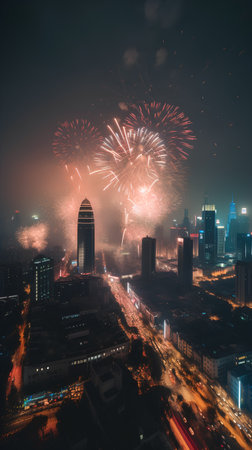 Beautiful fireworks over the city at night, Shanghai, China.の素材
