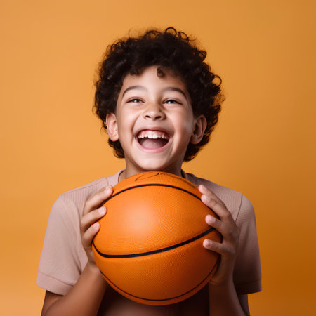 Portrait of a smiling little boy holding a basketball over yellow backgroundの素材