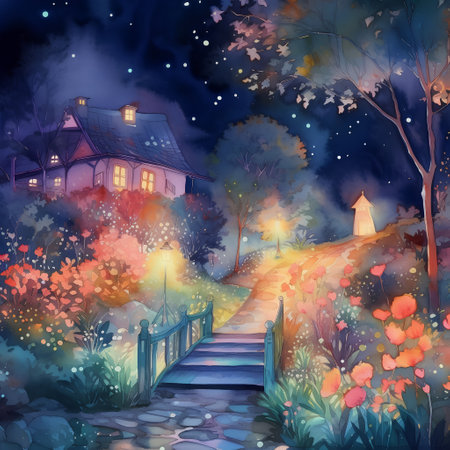 Watercolor image of a path to the house in the forest.の素材