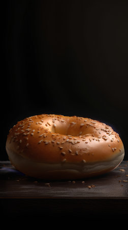 Freshly baked bagel with sesame seeds on a dark backgroundの素材