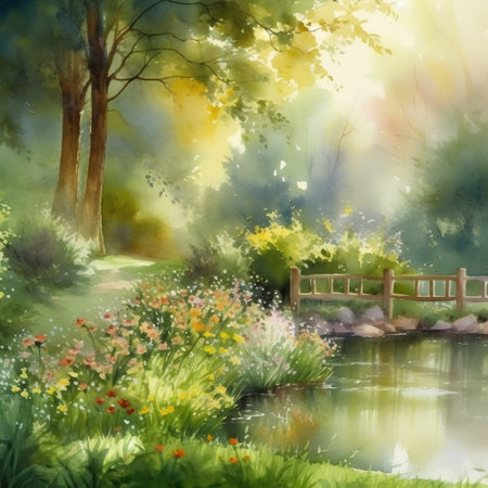 Watercolor summer landscape with a river, trees and flowers, illustrationの素材