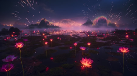 Fireworks over the lotus lake at Phuket, Thailandの素材