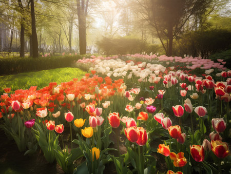 Tulip field in the park. Spring landscape with tulips.の素材