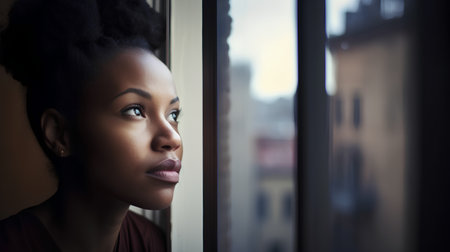 Portrait of beautiful african american woman looking out the windowの素材