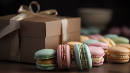 Colorful macaroons and gift box on wooden table. Selective focus.の素材