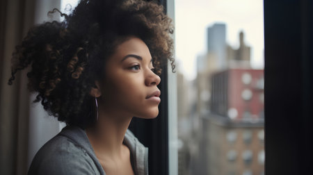 Portrait of a beautiful african american woman looking out the windowの素材