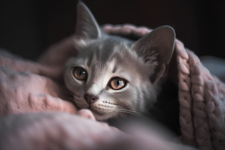 Cute british shorthair kitten is lying on a soft blanket.の素材