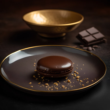 Chocolate macaroon on a brown plate on a dark backgroundの素材