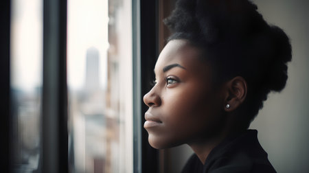 Portrait of beautiful african american woman looking out the windowの素材
