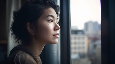 Portrait of a young asian woman looking out the window.の素材