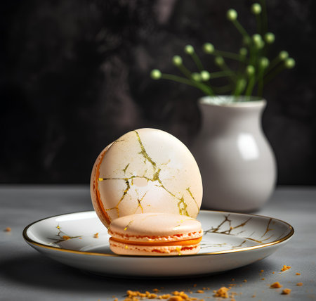 Macaroon with cracked egg on plate and vase with flowersの素材