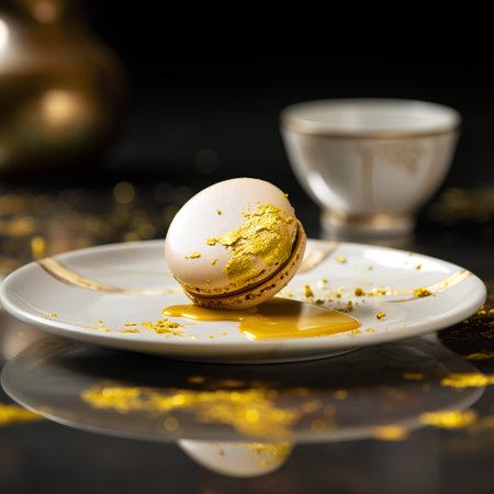 Macaroon on a white plate with golden confetti on a black backgroundの素材