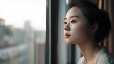 Portrait of a beautiful asian woman looking out the window.の素材