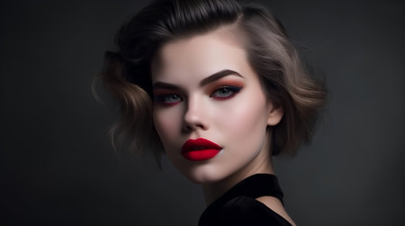 Portrait of beautiful young woman with red lips and professional make-upの素材