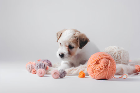 Cute puppy with wool balls on white background. Studio shot.の素材
