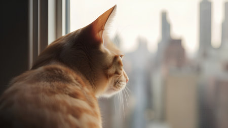 Cute ginger cat looking out the window. Shallow depth of field.の素材