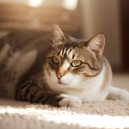 Portrait of a tabby cat lying on the carpet in the roomの素材
