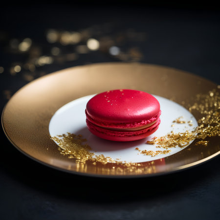 Red macaroon on a golden plate on a black background.の素材