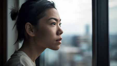 Young asian woman looking out the window in the morning. Closeup portraitの素材