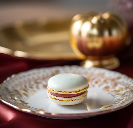 Macaroon on a plate with a golden background. Selective focus.の素材
