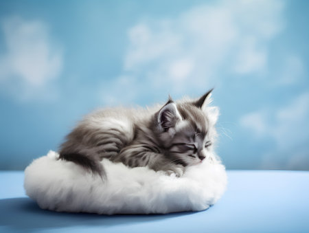 Siberian kitten sleeping on a white fluffy pillow. Blue background.の素材