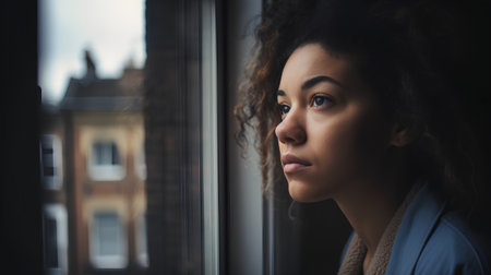 Portrait of a young woman looking out the window in the cityの素材