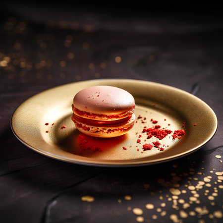 Macaroon on a golden plate on a dark wooden background.の素材