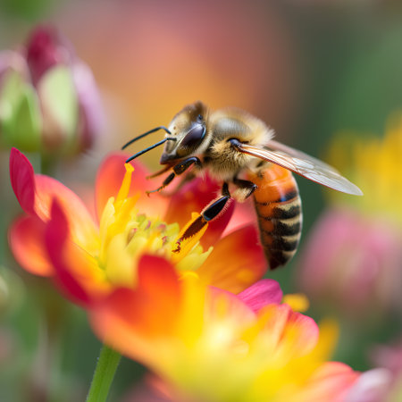Bee on a flower collects nectar and pollen. Close-upの素材