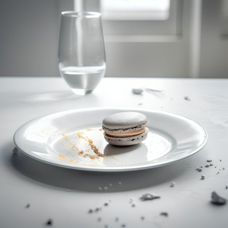 Macaroons on a white plate on a white kitchen table.の素材