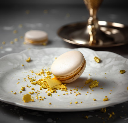 Macaroons on a white plate with gold confetti on a dark backgroundの素材
