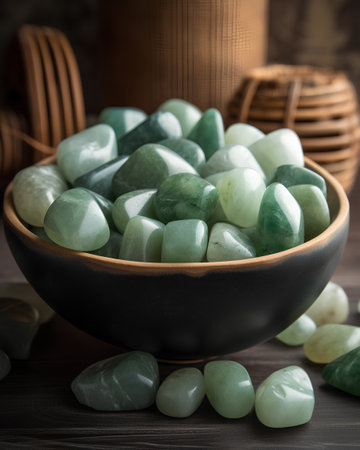 Green jade beads in a bowl on a wooden table, selective focusの素材