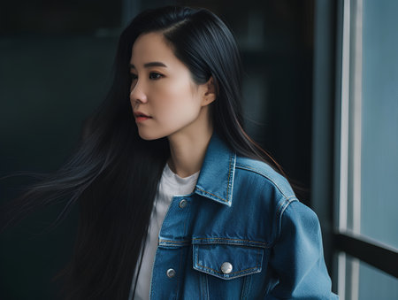 beautiful young asian woman with long black hair in denim jacketの素材