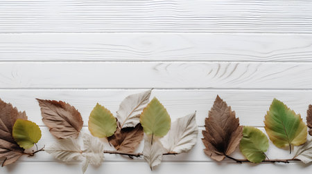 Autumn leaves on white wooden background. Flat lay, top view.の素材