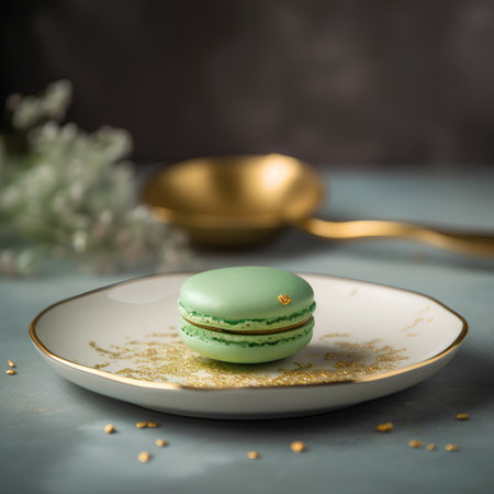 Green macaroon on a white plate with golden confetti.の素材