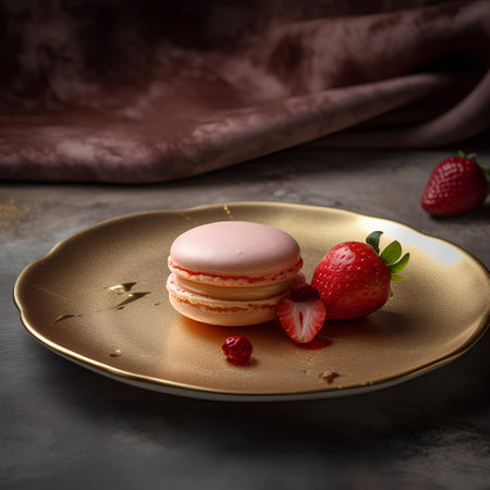 Macaroon with strawberries on a golden plate on a dark backgroundの素材