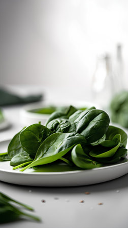 Fresh green spinach leaves on a white plate on a white background.の素材