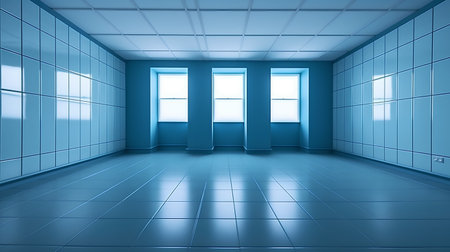 Interior of an empty office with blue walls and a blue floorの素材